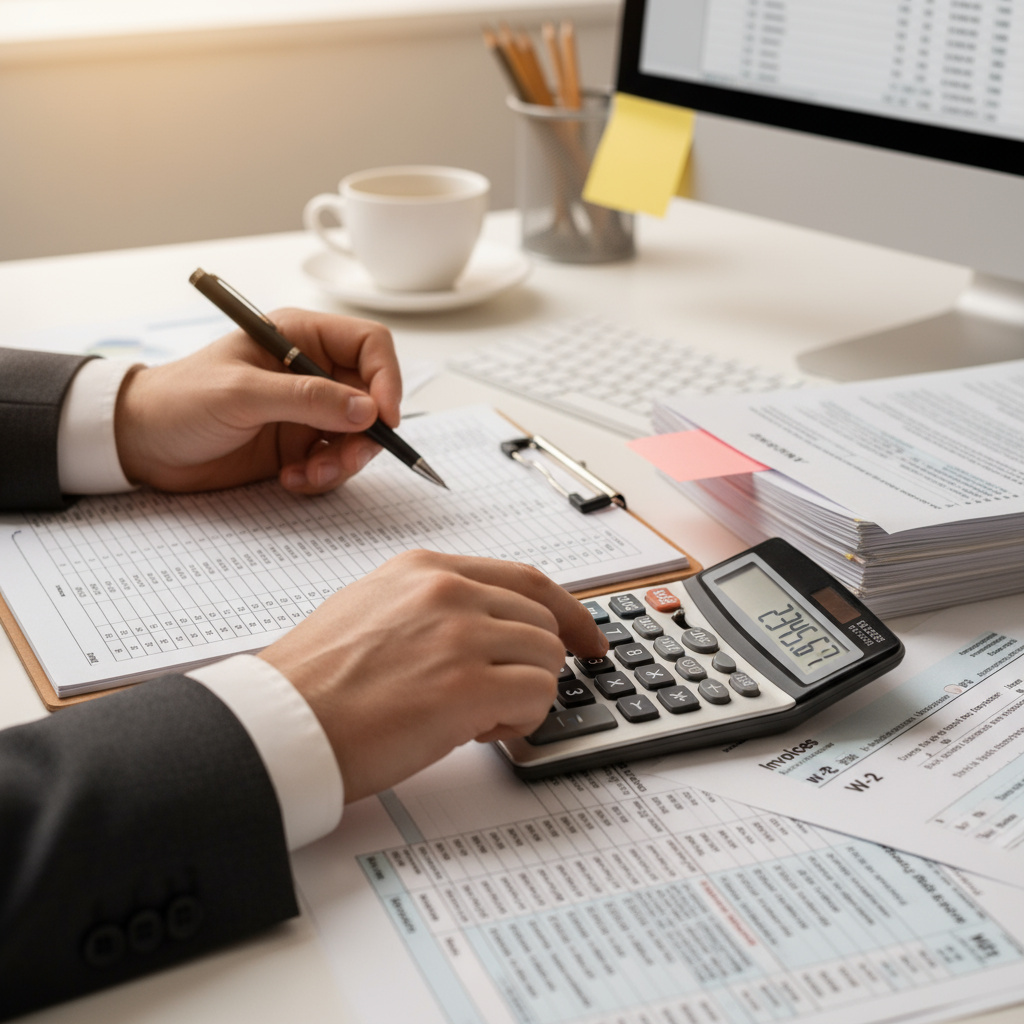 Hände arbeiten an Finanzdokumenten und Taschenrechner